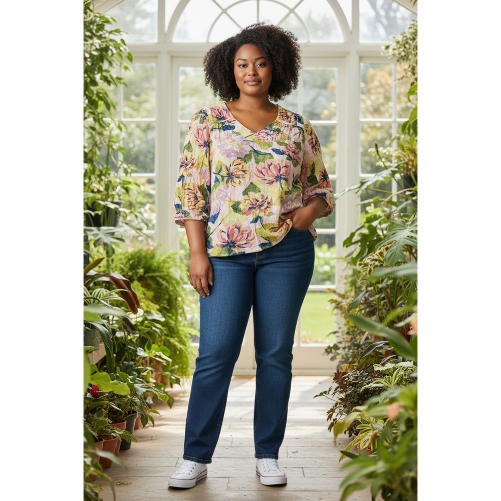 Terra & Sky 1X 16W-18W Floral Boho Blouse Pink Yellow 3/4 Puff Sleeve Plus Size